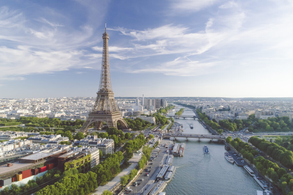 Aerial view of Paris with Eiffel tower in the distance